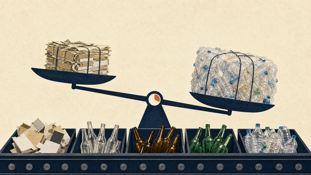 A recycling sorting line with bales of paper cartons, bales of plastic packaging, and separate bins of glass bottles and PET bottles.