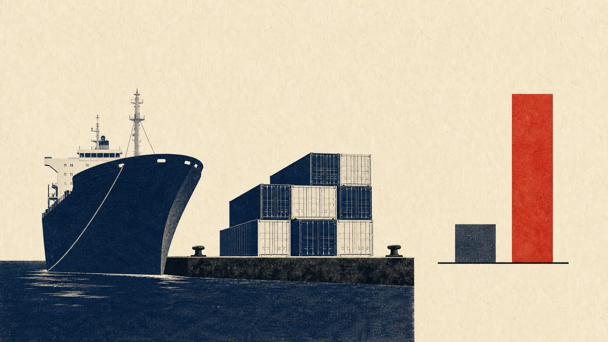 Illustration of a bulk carrier and stacked containers beside a bar chart in which one bar is far taller than the other.