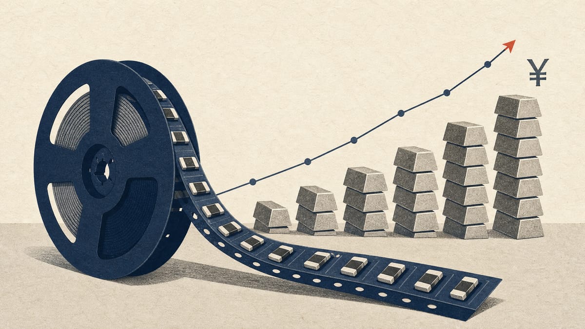 Chip resistors on a carrier-tape reel in front of a stepped bar chart made of stacked metal ingots, illustrating rising component profit against raw-material costs.