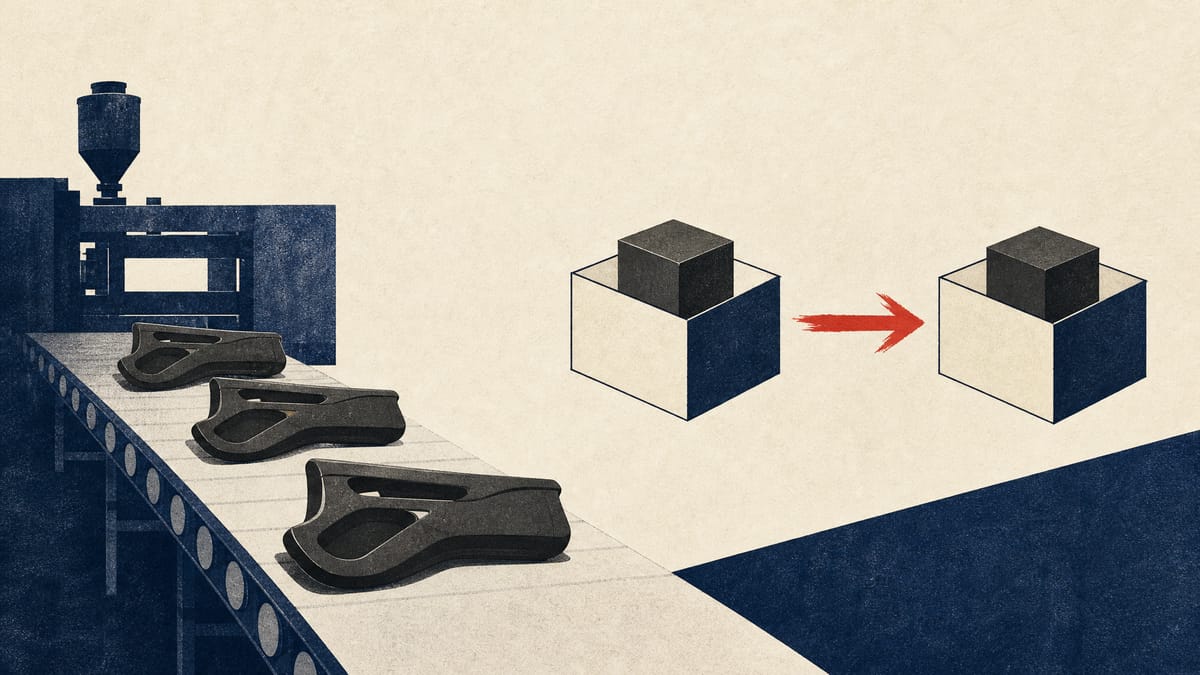 Plastic automotive interior panels on a factory conveyor beside a diagram showing ownership of one block moving between two holding boxes.