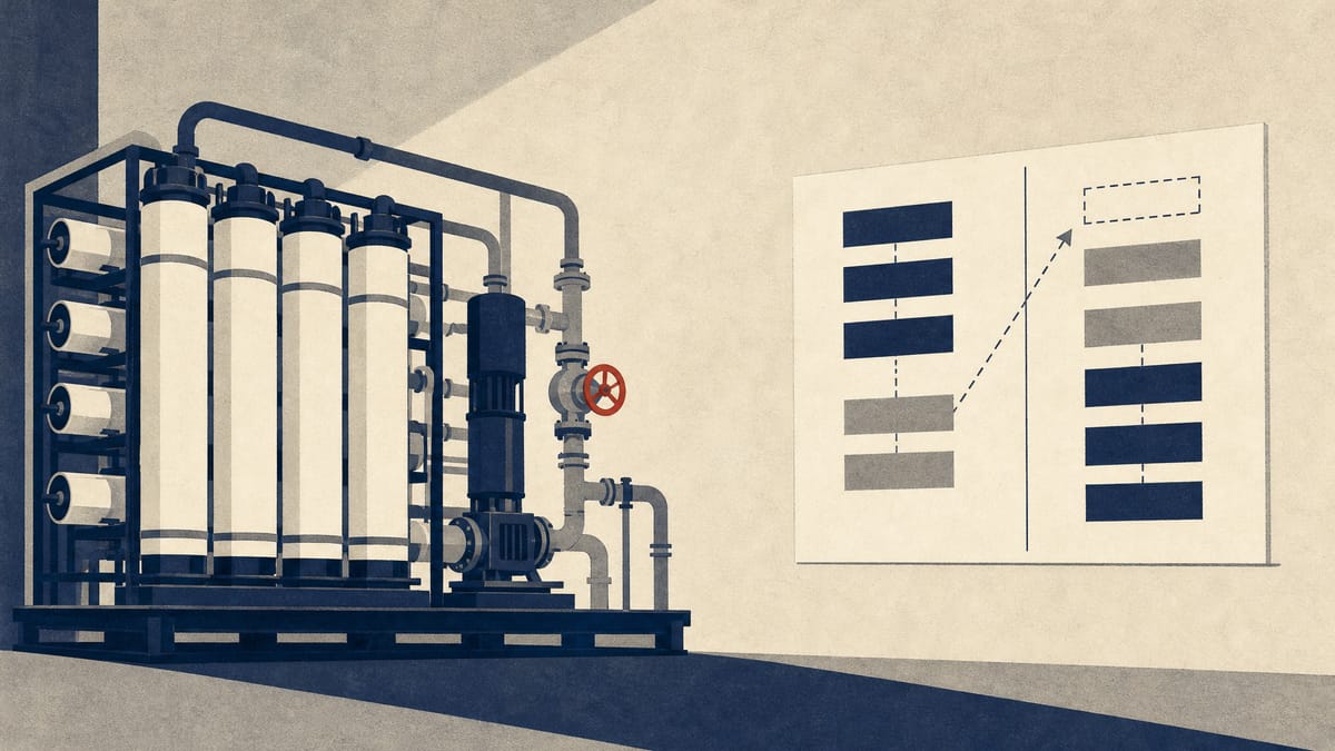 Water-treatment filtration skids and piping in a plant hall, with a schedule board showing project blocks moving from an earlier column to a later one.