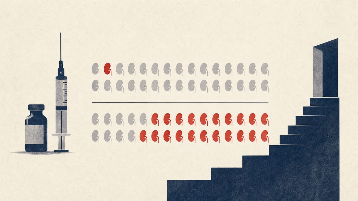 Abstract editorial graphic contrasting two rows of kidney-shaped markers, one with a single highlighted marker and the other with many, beside a vial and a small staircase.
