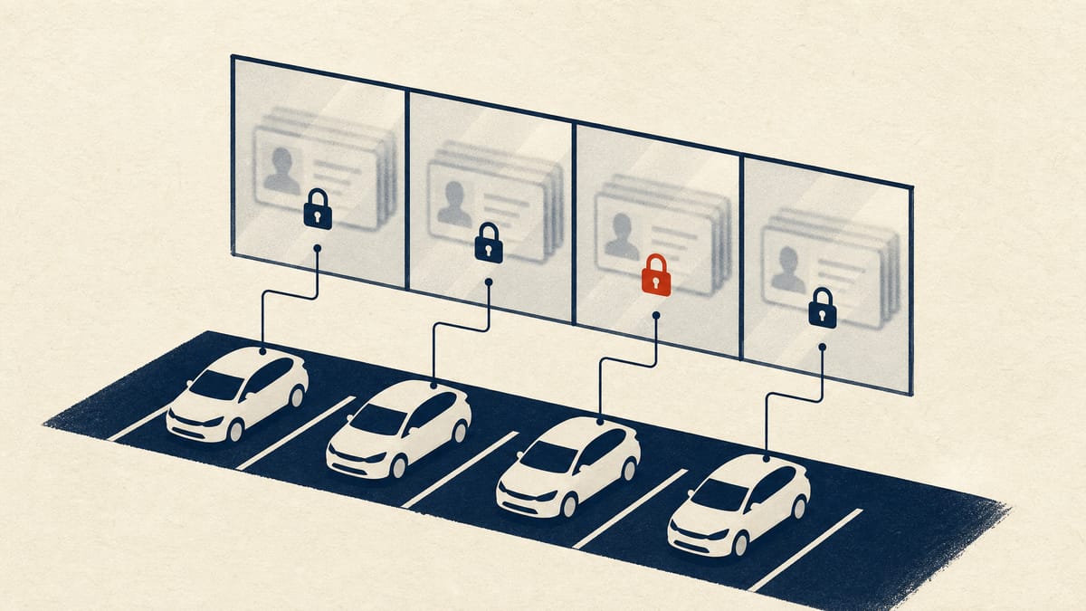 Car-share vehicles in a parking bay connected by thin lines to locked, blurred identity-card shapes behind a glass partition.