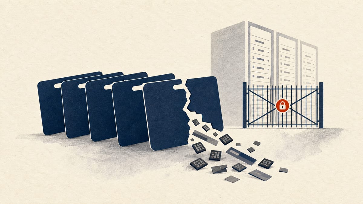 Illustration of blank prepaid cards, one split open with keypad tiles and balance bars spilling out in front of a server rack outline.