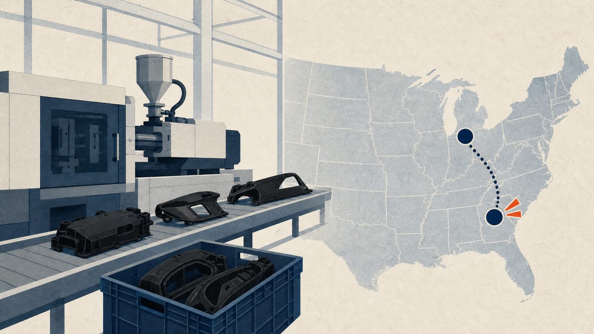 Illustration of an injection-molding line with automotive plastic parts and a diagram linking two North American plant locations.