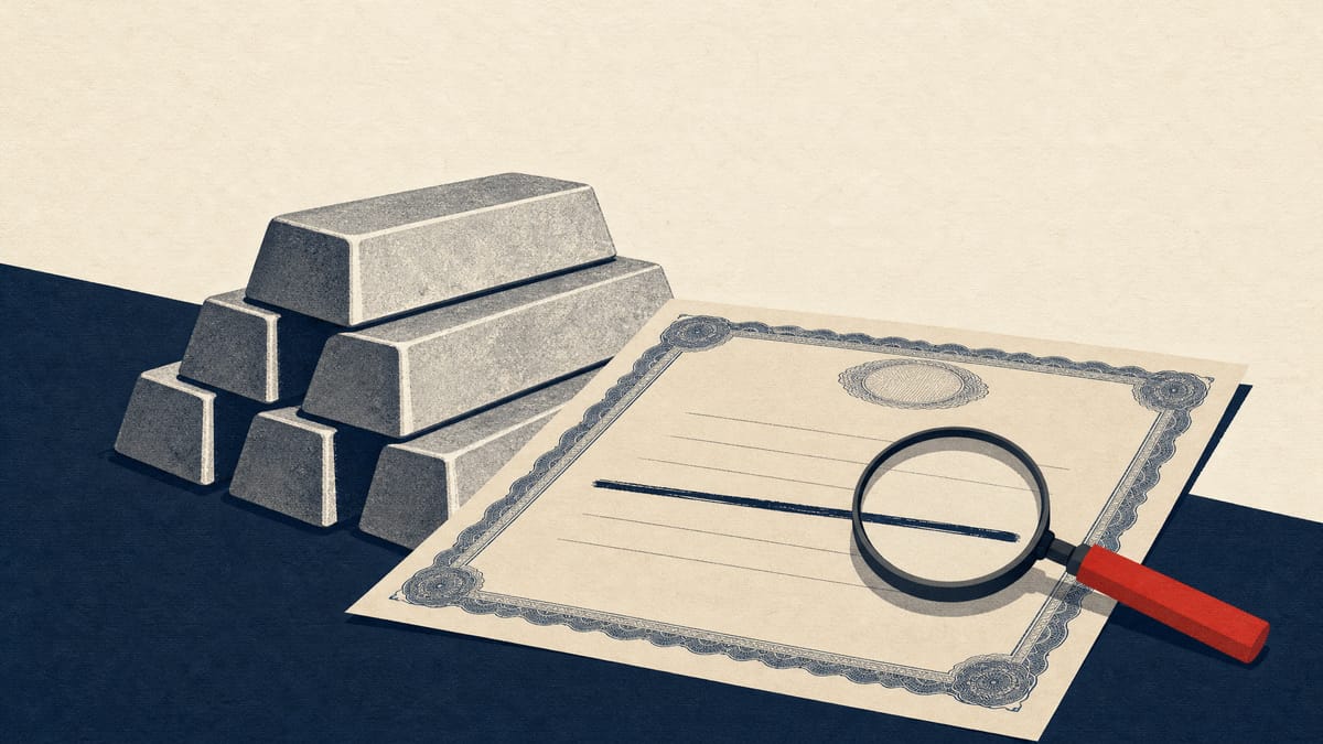 Zinc ingots next to a ledger page with a struck-through line and a magnifying glass, suggesting scrutiny of a share sale.