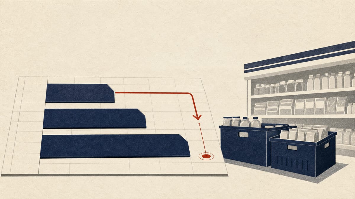 Abstract illustration of three bond tranches of increasing length feeding a repayment arrow, set over a ledger grid and store shelf crates.