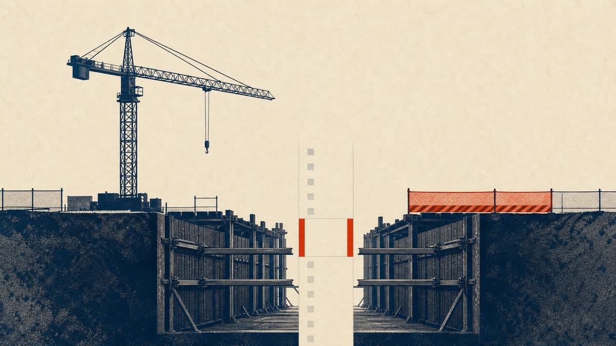 Illustration of an excavation for a rail station with steel shoring and a crane, divided by a band suggesting a pause in work.