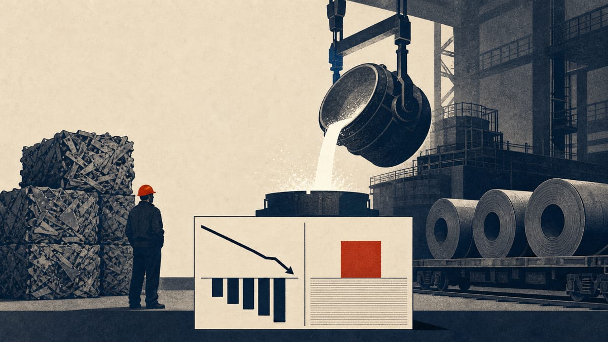Steel mill scene with scrap bales, a molten steel ladle and finished coils, beside a simple bar graphic contrasting an operating loss with a one-off gain.