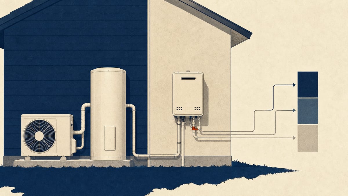 Illustration of a heat-pump water heater unit and a condensing gas water heater on a house wall, with stacked blocks suggesting a shipment mix.