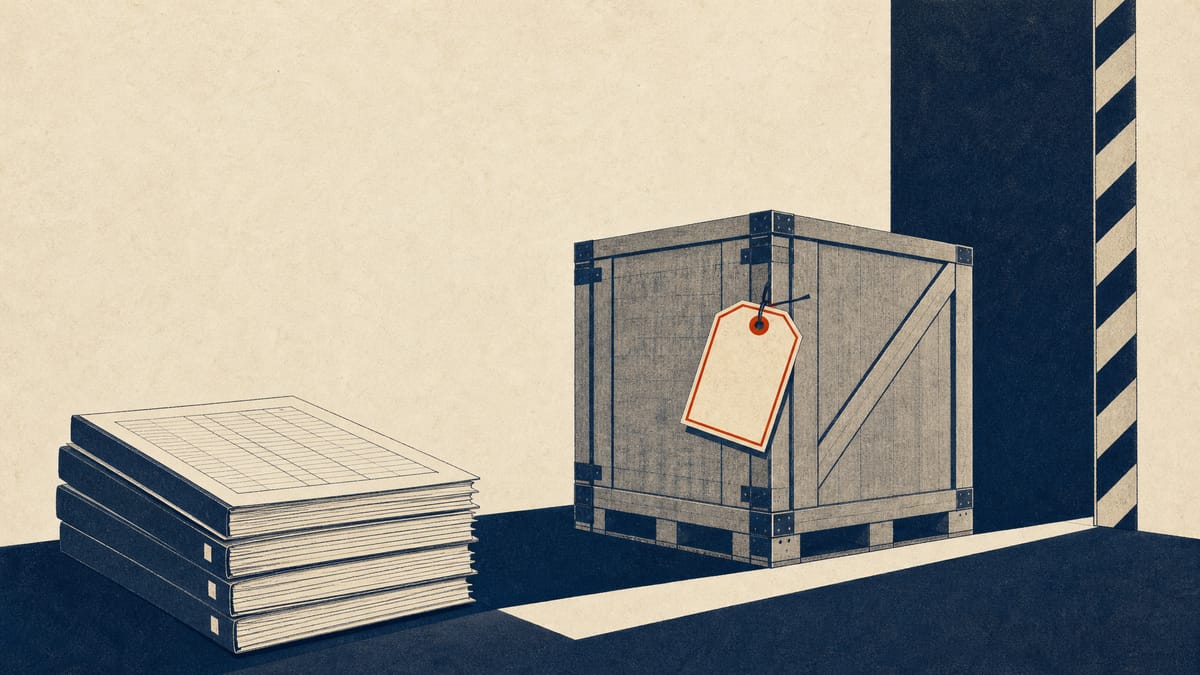 Network equipment crates and invoice tags at a warehouse checkpoint, with one overdue tag marked in a small red accent