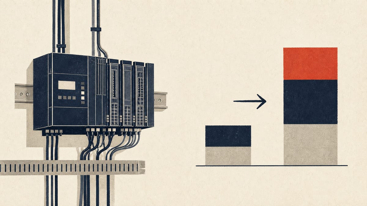 Building control panels beside an abstract diagram of a small ownership block growing into a larger one.