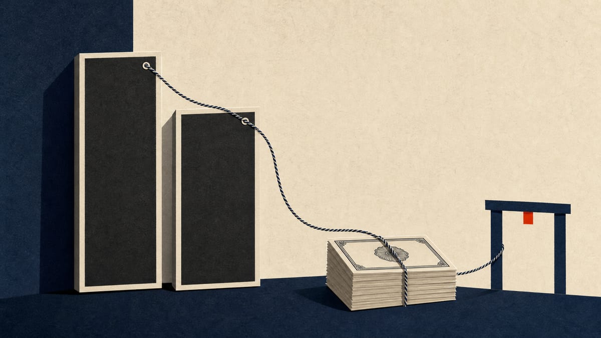 Abstract editorial illustration of two stepped price boards beside a gate and a stack of share certificates, representing competing tender offers.