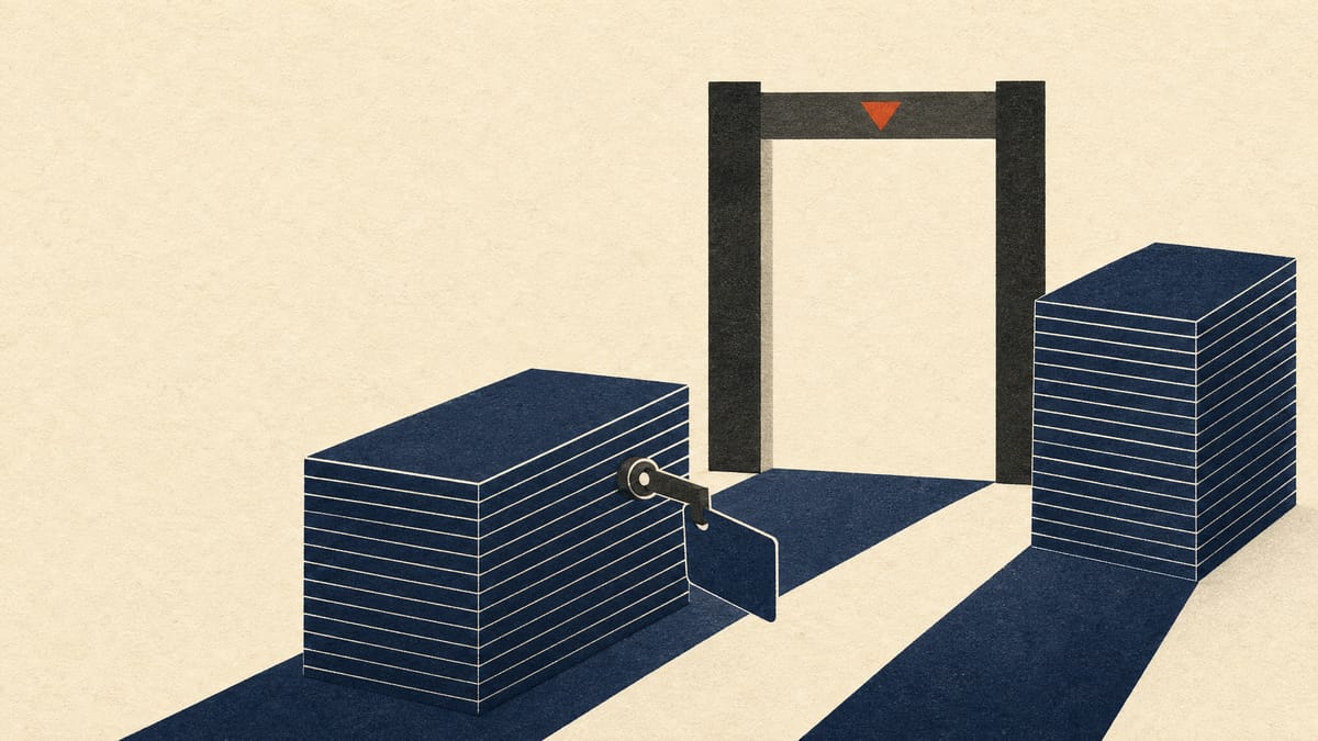 Abstract diagram of a block of share units moving toward a gate while a taller rival block approaches, with a release latch on the first block.