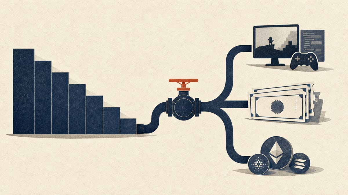 Illustration of a valve splitting a stream of funds into three channels representing game development, bond repayment and crypto purchases.