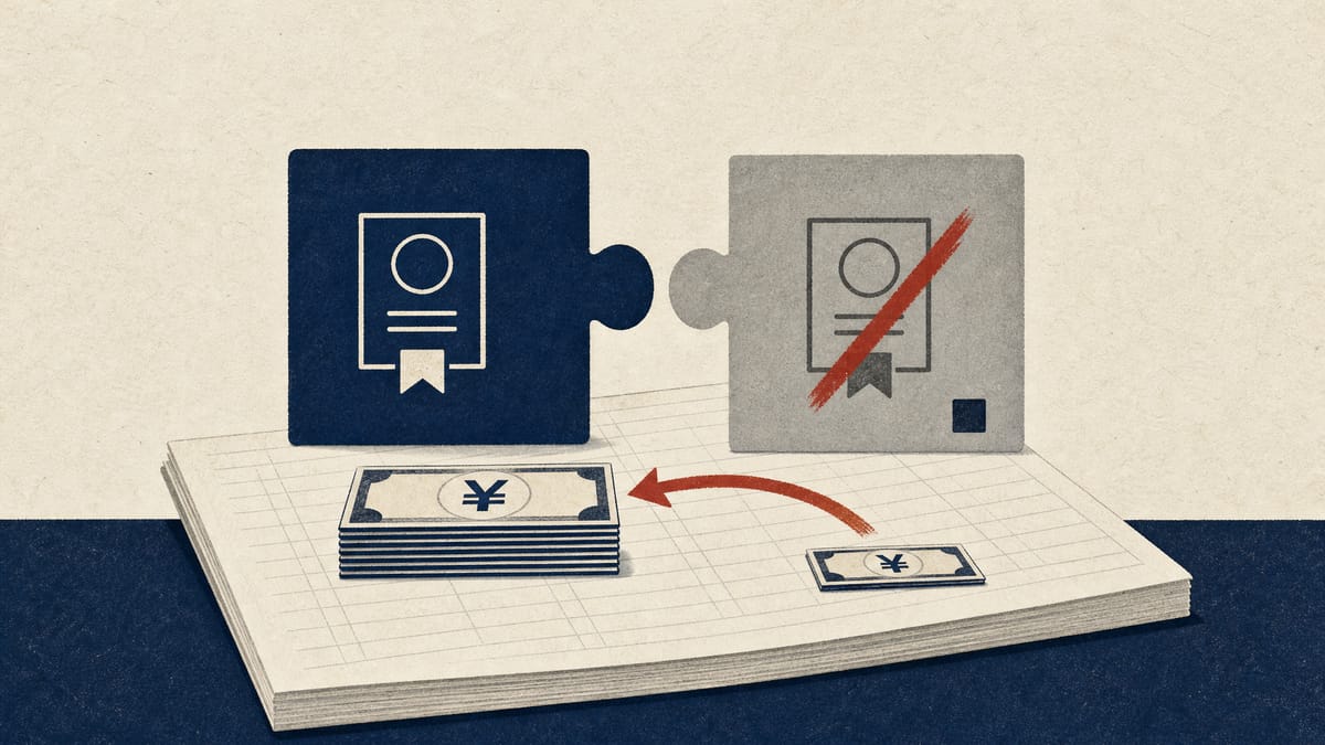 Editorial illustration of a ledger where an acquisition payment is largely returned after a valuation block is written down to a single unit.