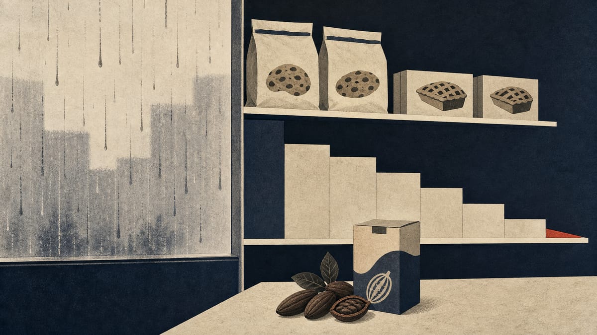 An editorial illustration of a confectionery shelf with half-empty large bags of cookies beside a rain-streaked window, with downward-stepping shelf tiers suggesting a profit cut.