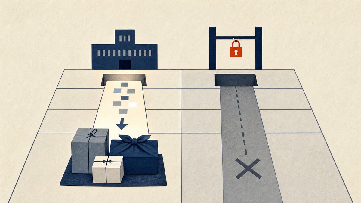 Abstract illustration of a municipal office linked to a gift parcel by a restored data channel, with a separate donation gateway locked shut.
