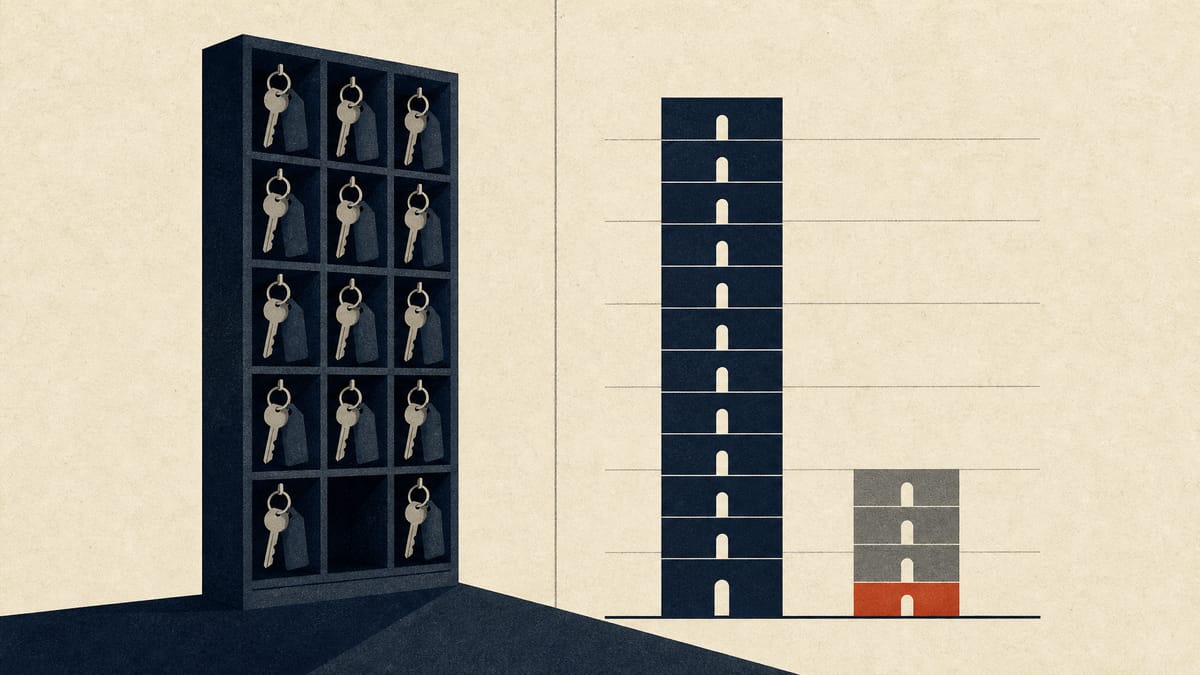Illustration of a hotel key rack beside two bar columns of very different heights, representing uneven hotel revenue across regions.