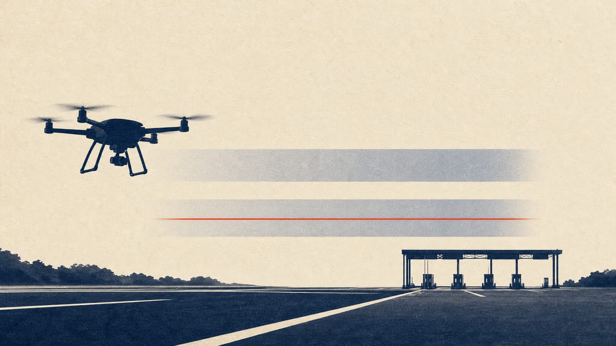 A quadcopter drone flies over an airfield near a highway toll gantry, with two abstract bars representing radio frequency bands between them.
