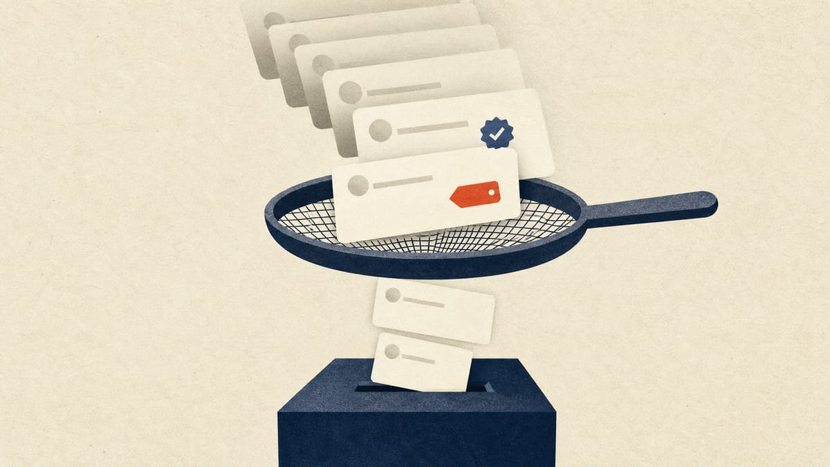 Illustration of blank feed cards passing through a sieve, some with badge and label shapes, toward a ballot-box slot.