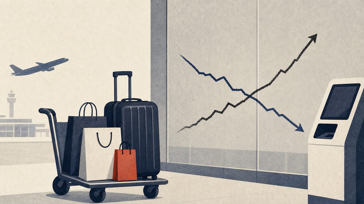 Illustration of an airport departure area with shopping bags, luggage and a self-service kiosk, alongside a chart with one line falling and one rising.