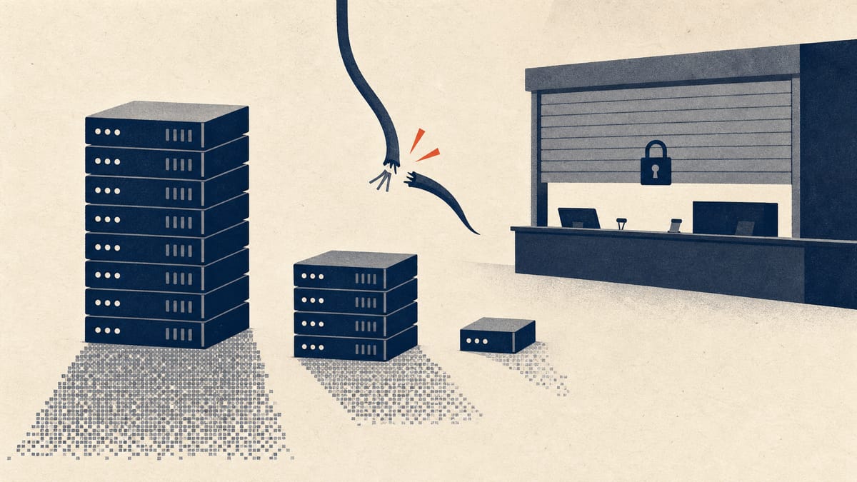 Illustration of server racks with three data blocks of different sizes and a severed network cable beside a closed service counter.