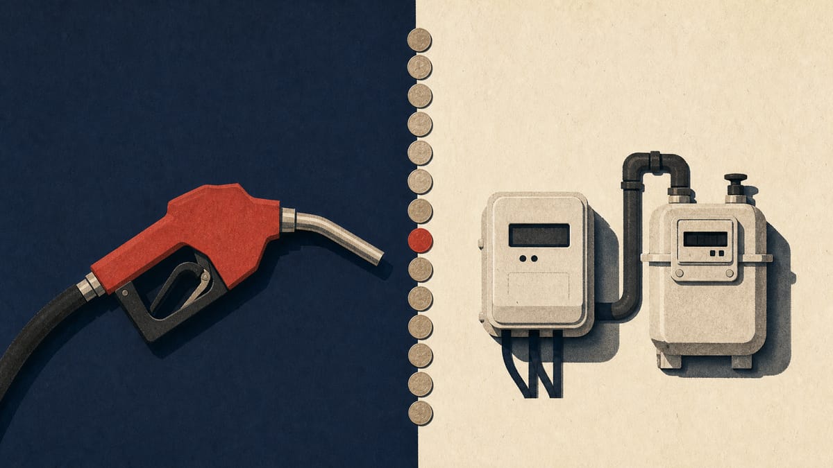 家庭向けエネルギー補助金を表す、家庭用の電気・ガスメーターの横に並んだ給油ノズル