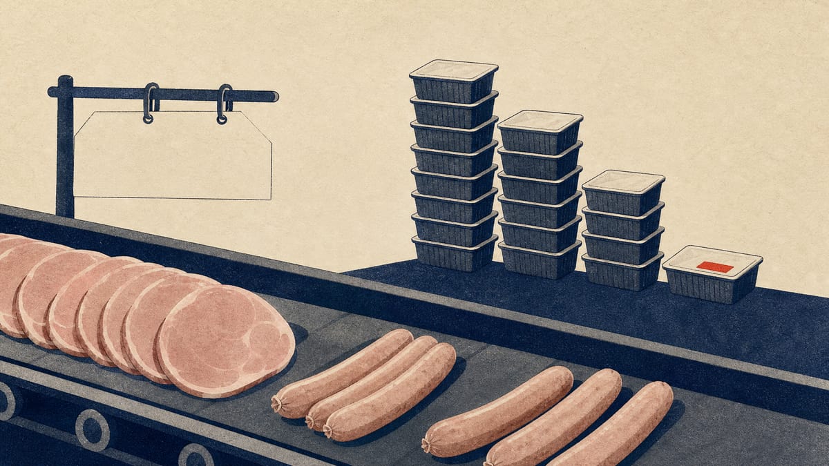 Ham and sausage packs moving along a food processing line beside a stack of trays shaped like a falling bar chart.
