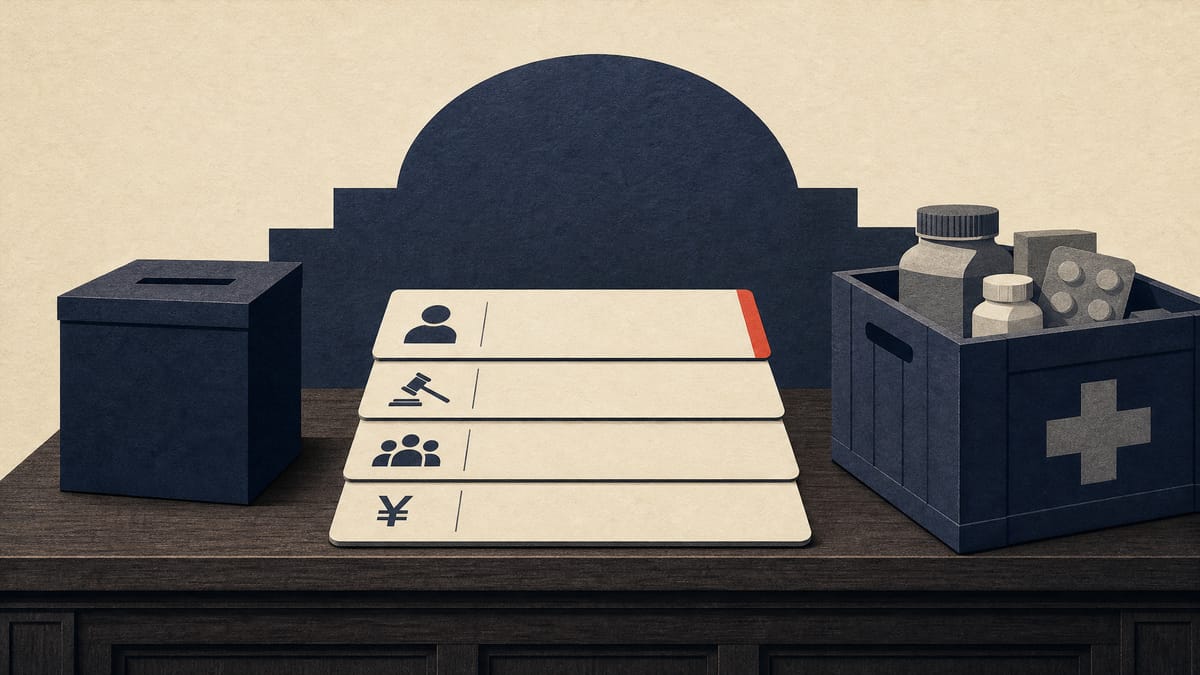 Four agenda cards, a ballot box and a pharmaceutical distribution crate arranged on a wooden bench.