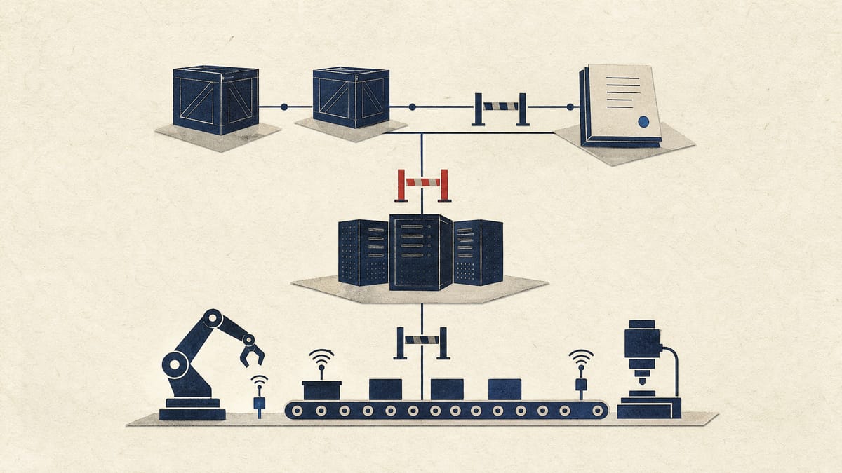 Editorial illustration of a three-layer supply chain, from factory sensors to servers to supplier contracts, linked by checkpoint gates.