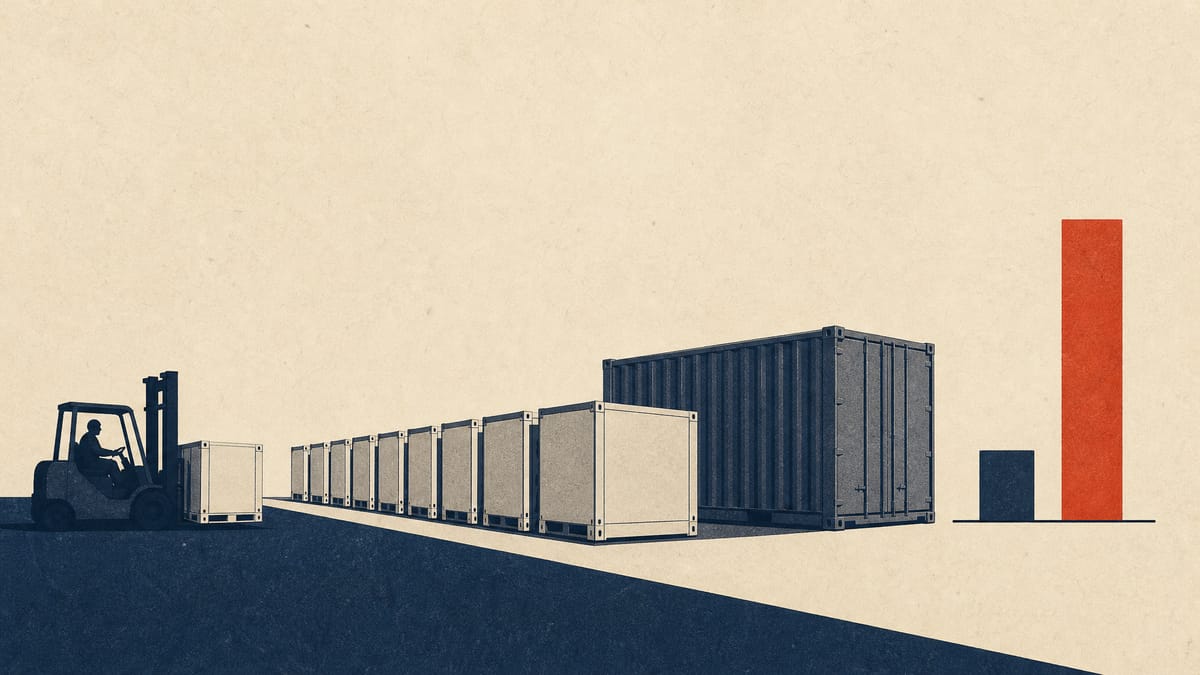 Compact battery containers in a factory yard next to a larger container, with an abstract chart showing deliveries concentrated in a later year.