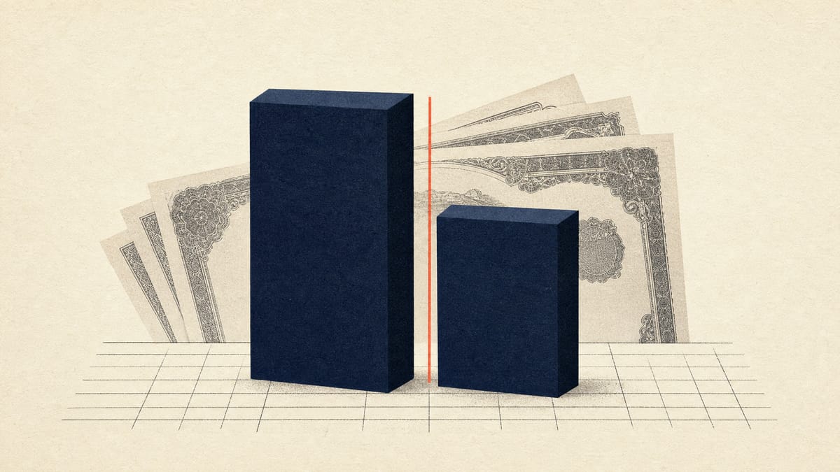 Two stacked blocks of unequal height with a narrow gap between them, with bond certificates fanned behind, illustrating the gap between book value and market value of a bond portfolio.