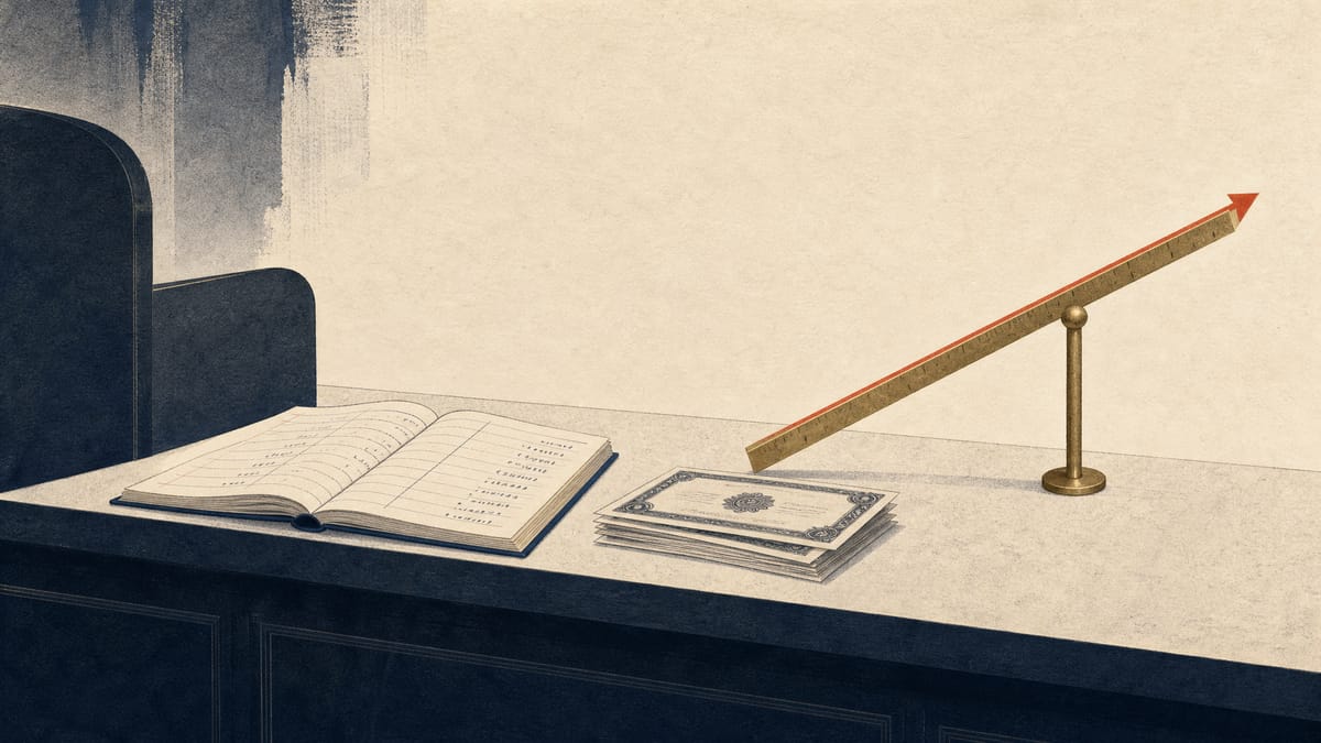 A bank counter with a loan ledger and securities certificates, with an upward-sloping brass line suggesting rising interest income.