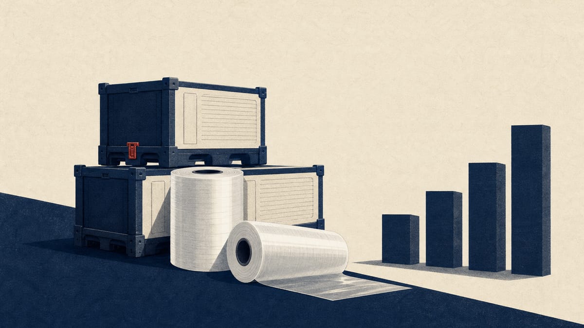 Wafer shipping containers and rolls of wrapping film beside a block-built rising bar chart on a factory floor.