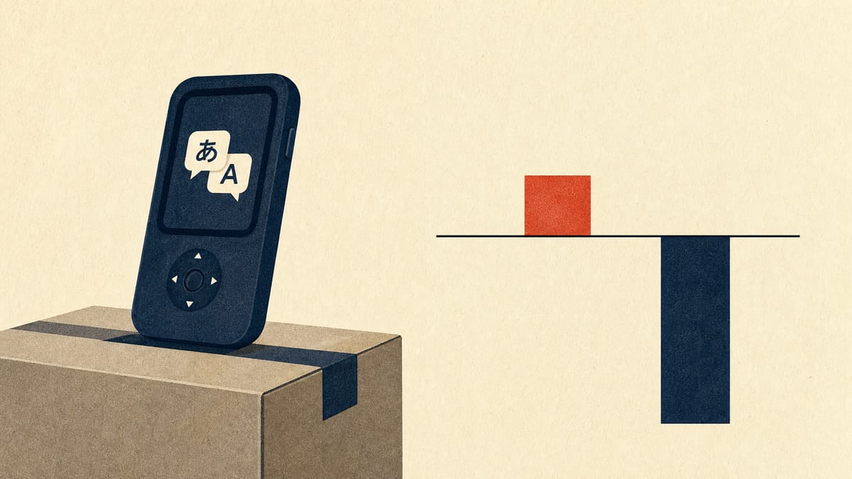 A handheld translation device on a shipping carton next to a bar chart showing a small quarterly profit above a longer cumulative loss.