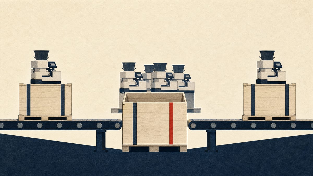 Sushi-rice machines moving along a packing line, with units backing up at one crate station while two others flow freely