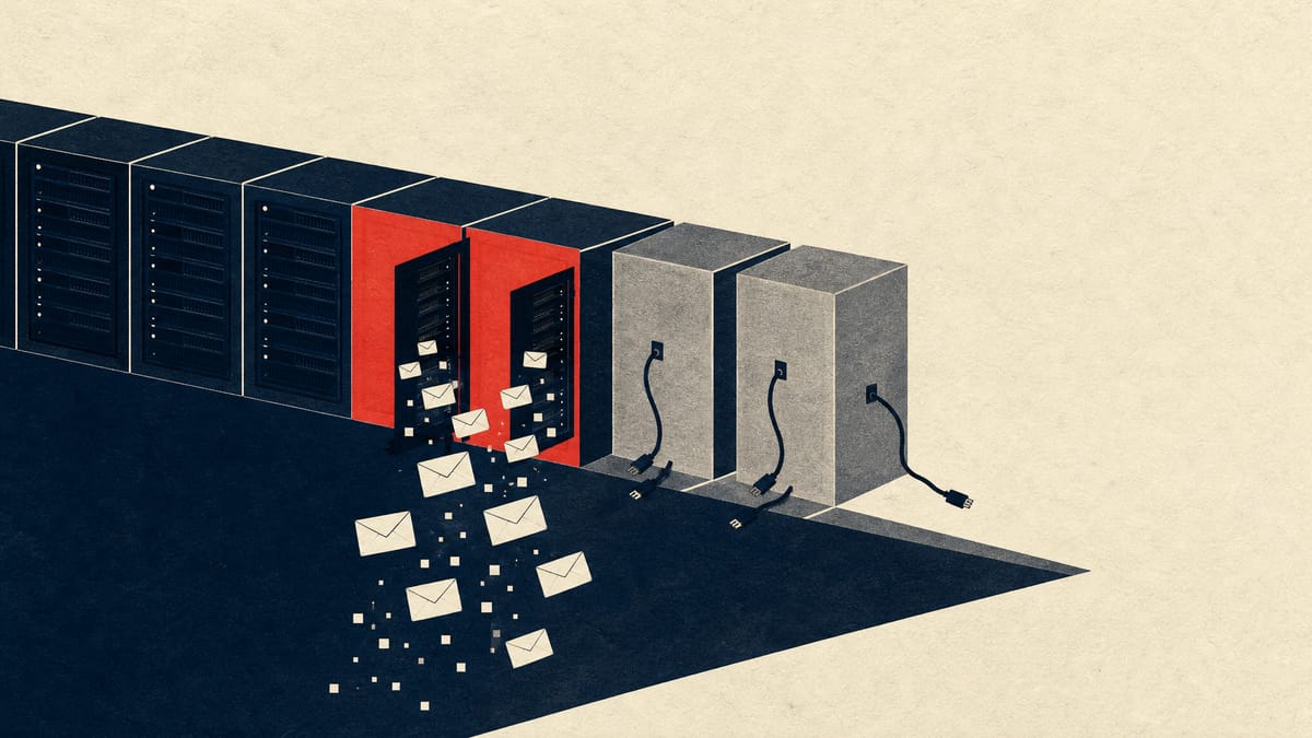 Illustration of server racks with some units disconnected and envelope-shaped data packets spilling from open units, representing a breach of an email delivery service.