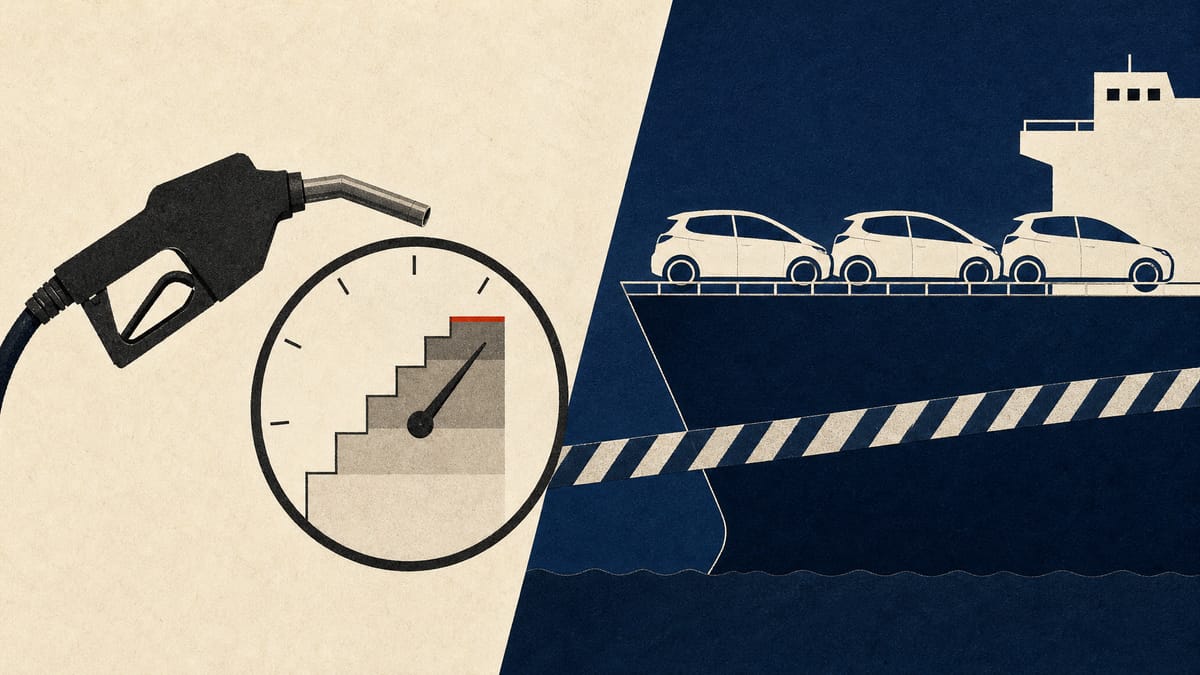 Editorial illustration of a fuel pump with a stepped price dial beside electric cars loaded on a car-carrier ship.