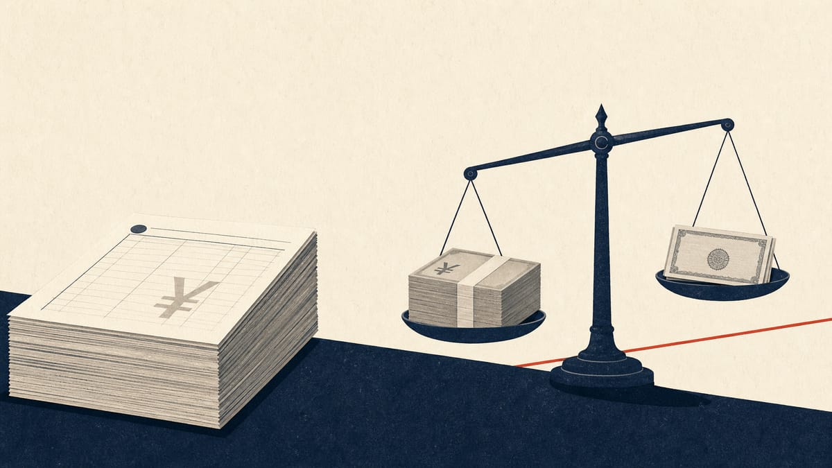 Illustration of a balance scale weighing a large block of cash against a smaller stack of share certificates beside yen ledger sheets.