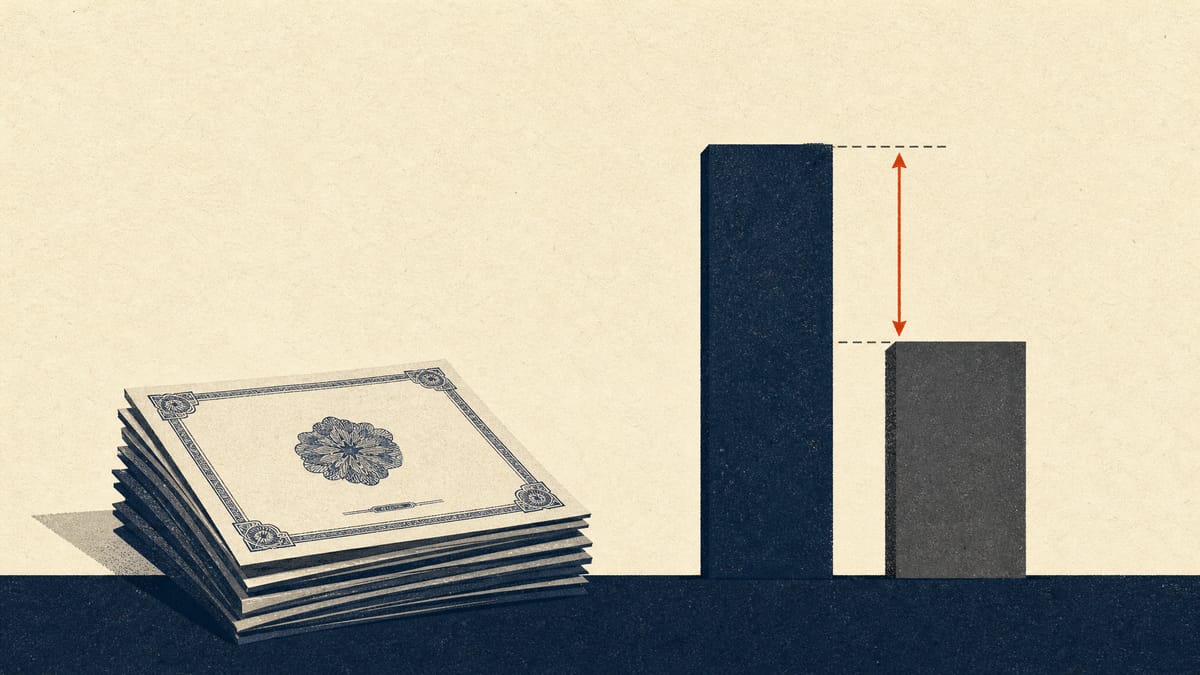 Illustration of two bars, a tall one for book value and a shorter one for market value, with the gap between them highlighted next to a stack of bond certificates.