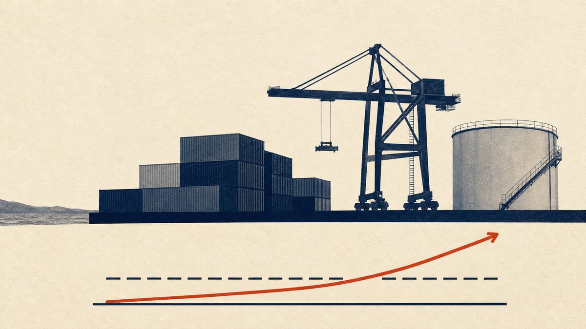 Idle gantry crane and container stacks beside a fuel tank, with an abstract chart showing one flat line and one rising line.