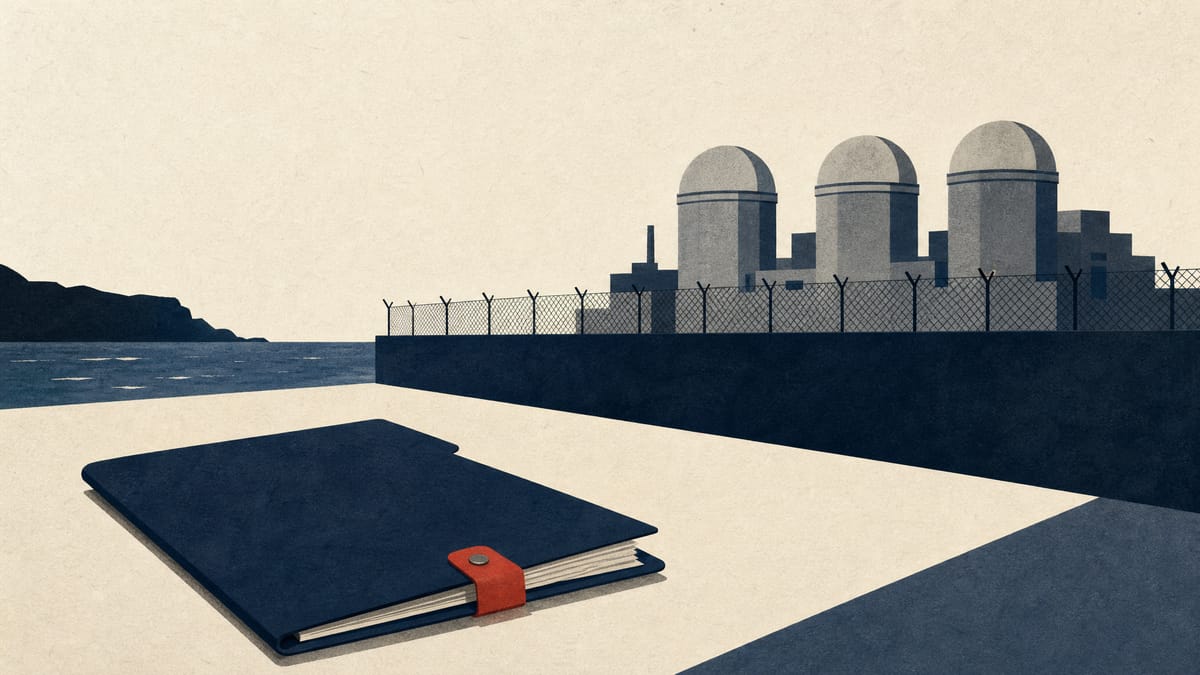 Stylized illustration of three reactor units behind a perimeter fence beside a balanced scale, suggesting a court ruling on a nuclear plant.
