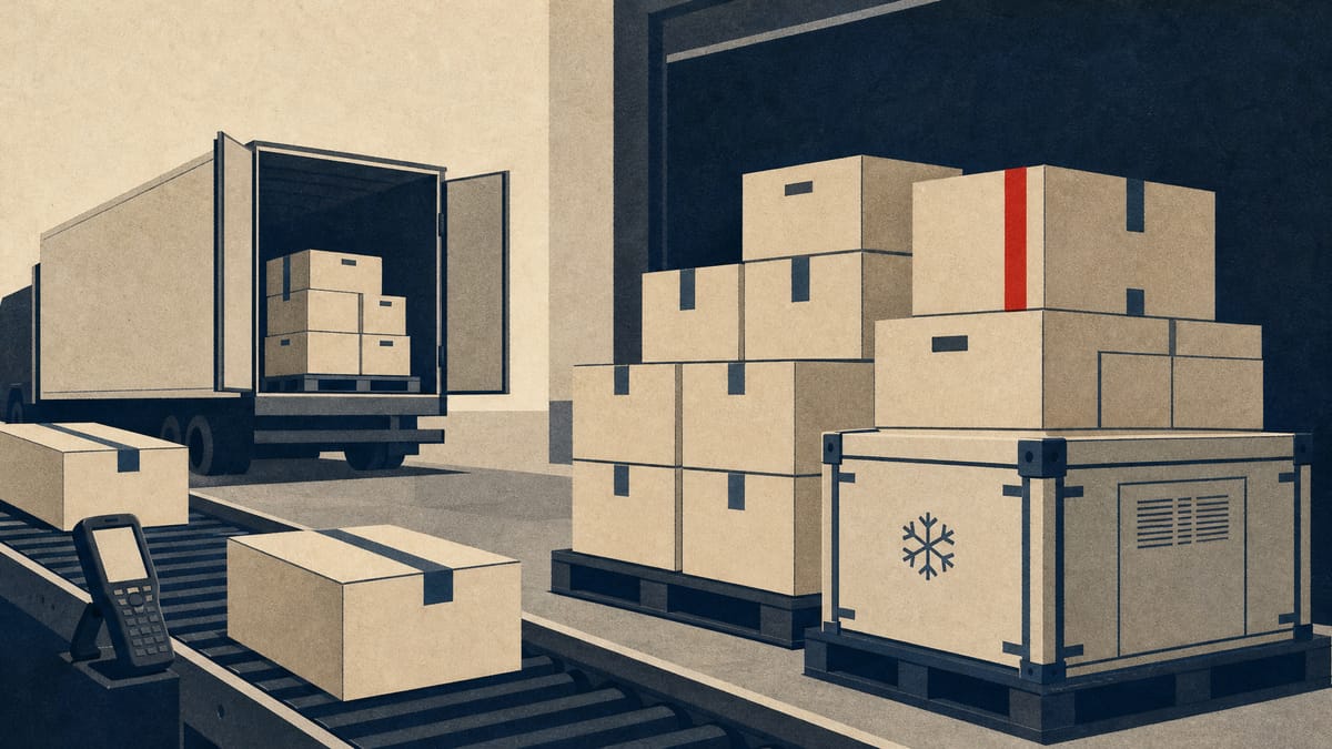 Stacked pharmaceutical shipping cartons and crates on pallets at a distribution loading dock beside a conveyor line.