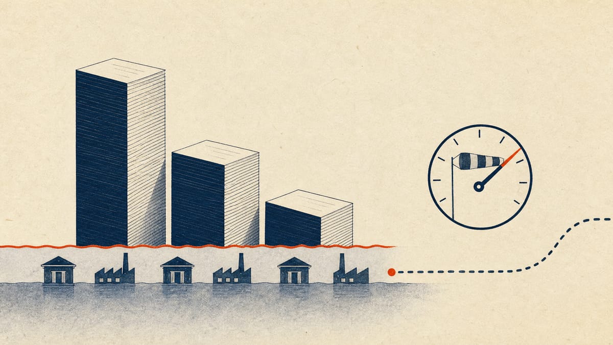 Stepped blocks of different heights beside miniature branch and factory models, with a flood line and a thread running off the edge, illustrating tiered reporting dates and missing risk data.