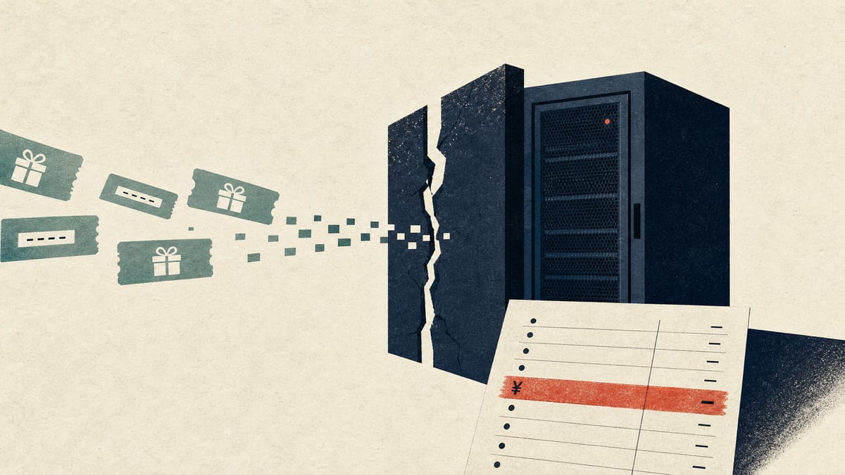 Illustration of digital gift voucher codes leaking through a broken gateway into a sealed server rack beside a ledger line marking a loss.