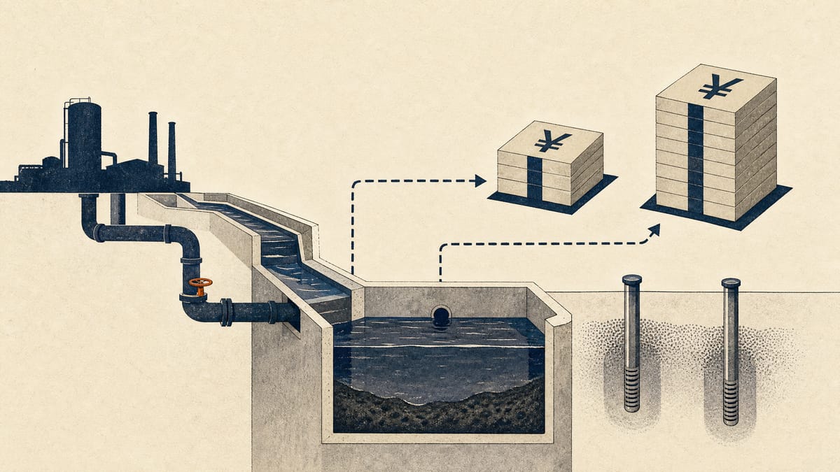 Illustration of a chemical plant drainage channel being rerouted beside monitoring wells, with two stacks of ledger blocks of different heights.