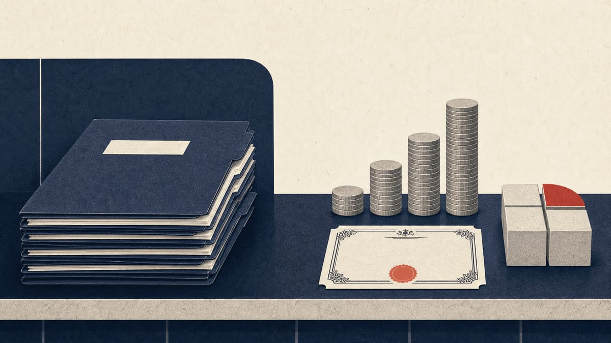 Illustration of loan folders, coin bar chart and a share block split into four pieces on a bank counter.