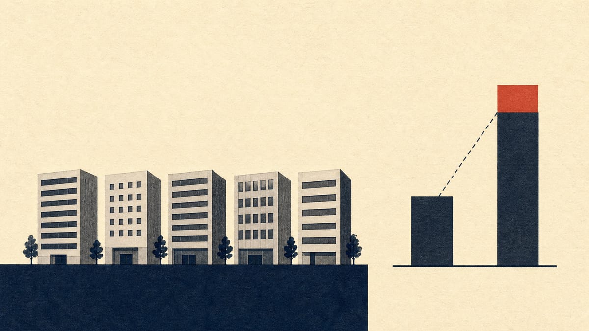 Illustration of five mid-rise office buildings beside a bar chart in which a payout bar rises well above an earlier, shorter bar.