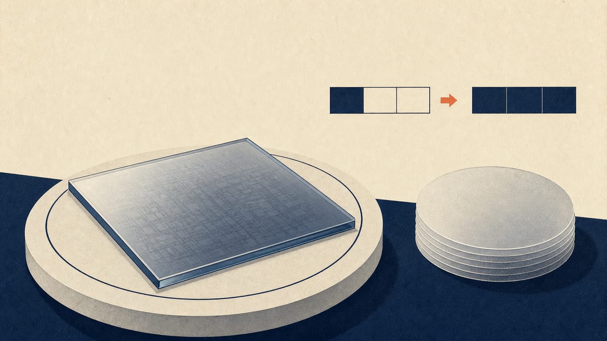 A glass mask blank on an inspection stage next to quartz substrates and a simple bar diagram of a stake growing to full ownership.